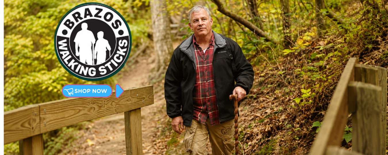 Man standing on a wooden bridge in a forest with Brazos Walking Sticks logo and 'Shop Now' button.