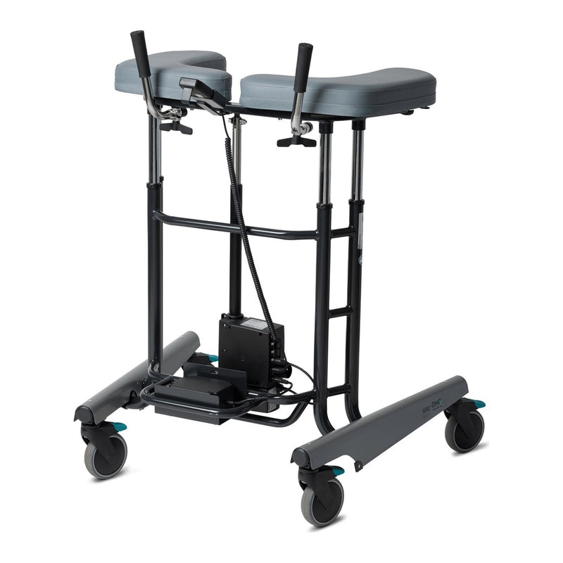 A motorized wheelchair transfer chair with a black metal frame, gray padded seat and headrest, foot pedal, and caster wheels, shown on a white background.