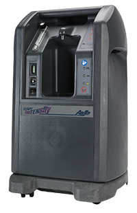 Gray oxygen concentrator with digital display on a black background