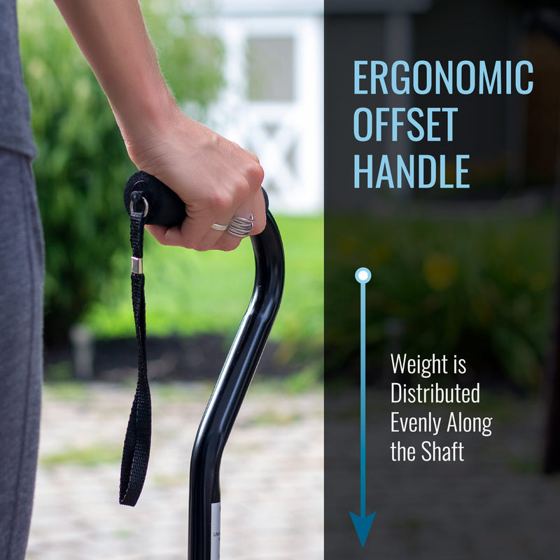A close-up of a person's hand holding an ergonomic offset cane handle outdoors, with text on the right reading 'ERGONOMIC OFFSET HANDLE' and 'Weight is Distributed Evenly Along the Shaft'.