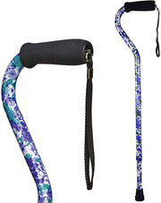 A flexible walking cane shown in two views on a white background: one close-up of the handle and wrist strap, and one full-length view. The cane has a floral pattern in purple, blue, and green, with a black foam handle and black wrist strap.