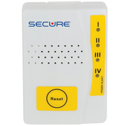 A white SECURE Pinger RLC-1 electronic device with a yellow status indicator panel and a yellow Reset button, shown against a plain white background.