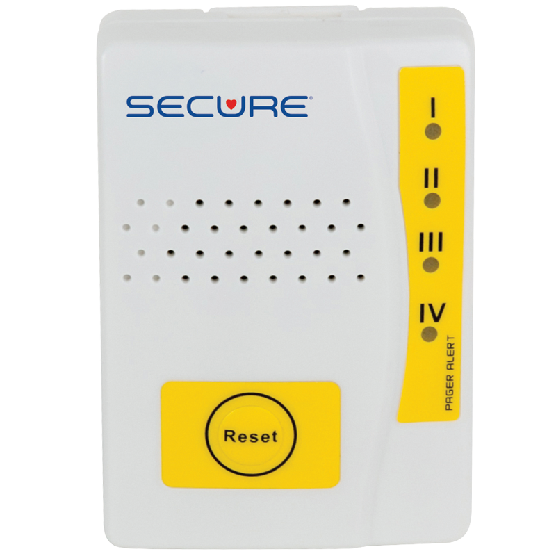 A white SECURE Pinger RLC-1 electronic device with a yellow status indicator panel and a yellow Reset button, shown against a plain white background.