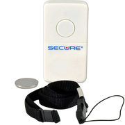 A white rectangular personal alarm with a circular button and the brand name 'SECURE' printed in blue and red on the front, shown with a black wrist strap and a silver battery on a white background.