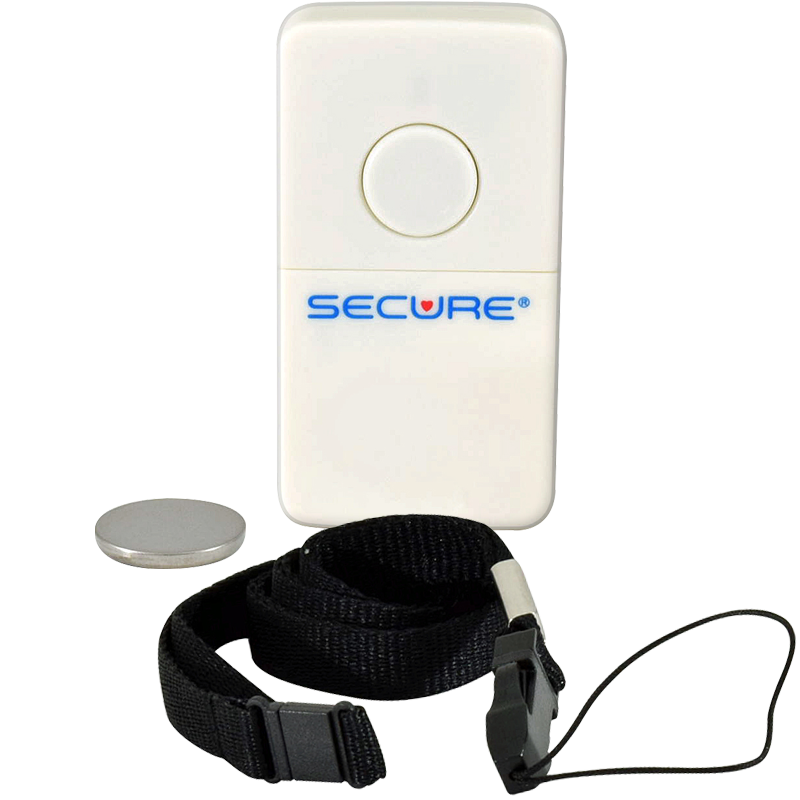 A white rectangular personal alarm with a circular button and the brand name 'SECURE' printed in blue and red on the front, shown with a black wrist strap and a silver battery on a white background.