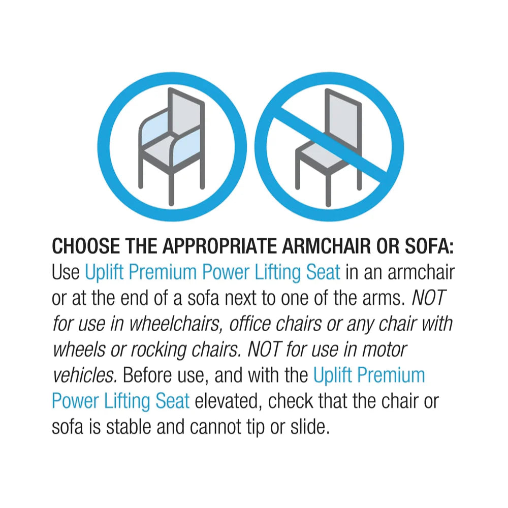 Instructions for using Uplift Premium Power Lifting Seat with armchairs or sofas, including icons and text.