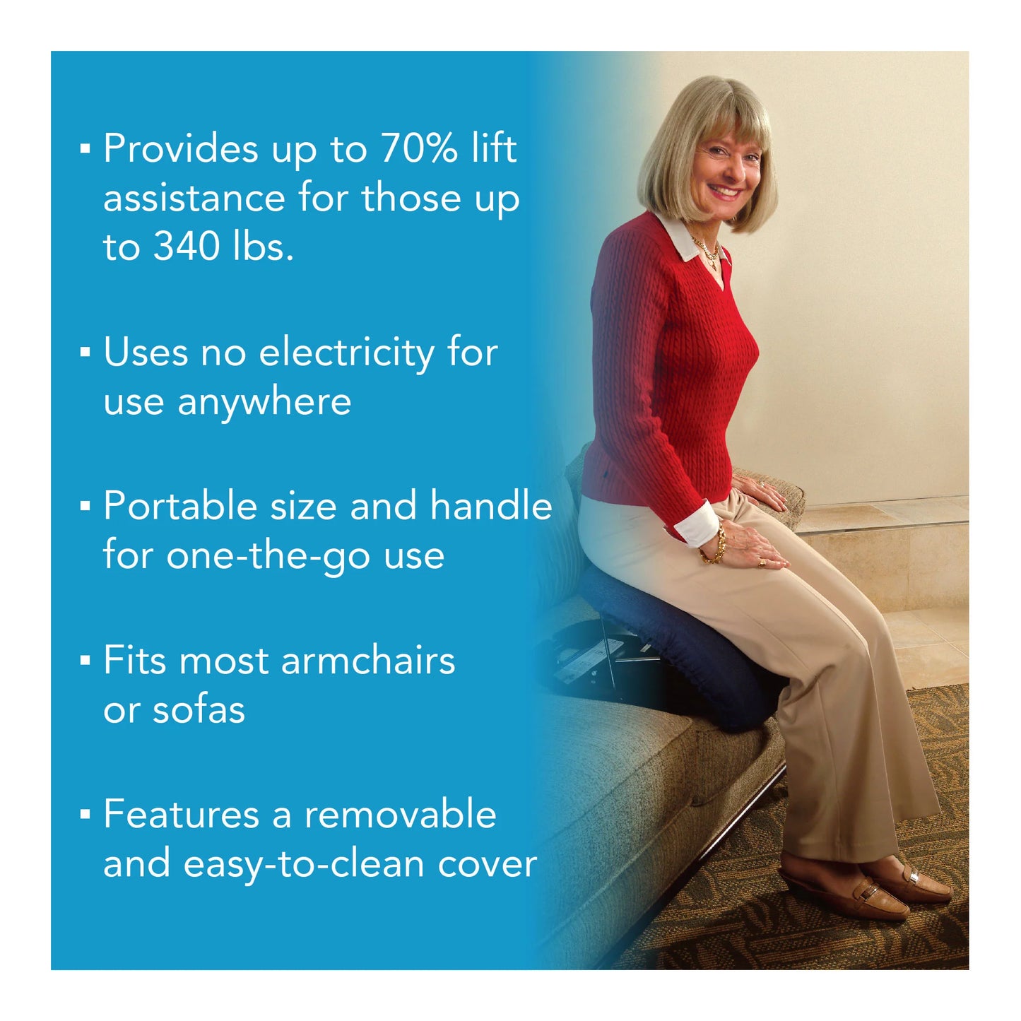 Woman using a lift assistance device on a couch with product features listed on the left.