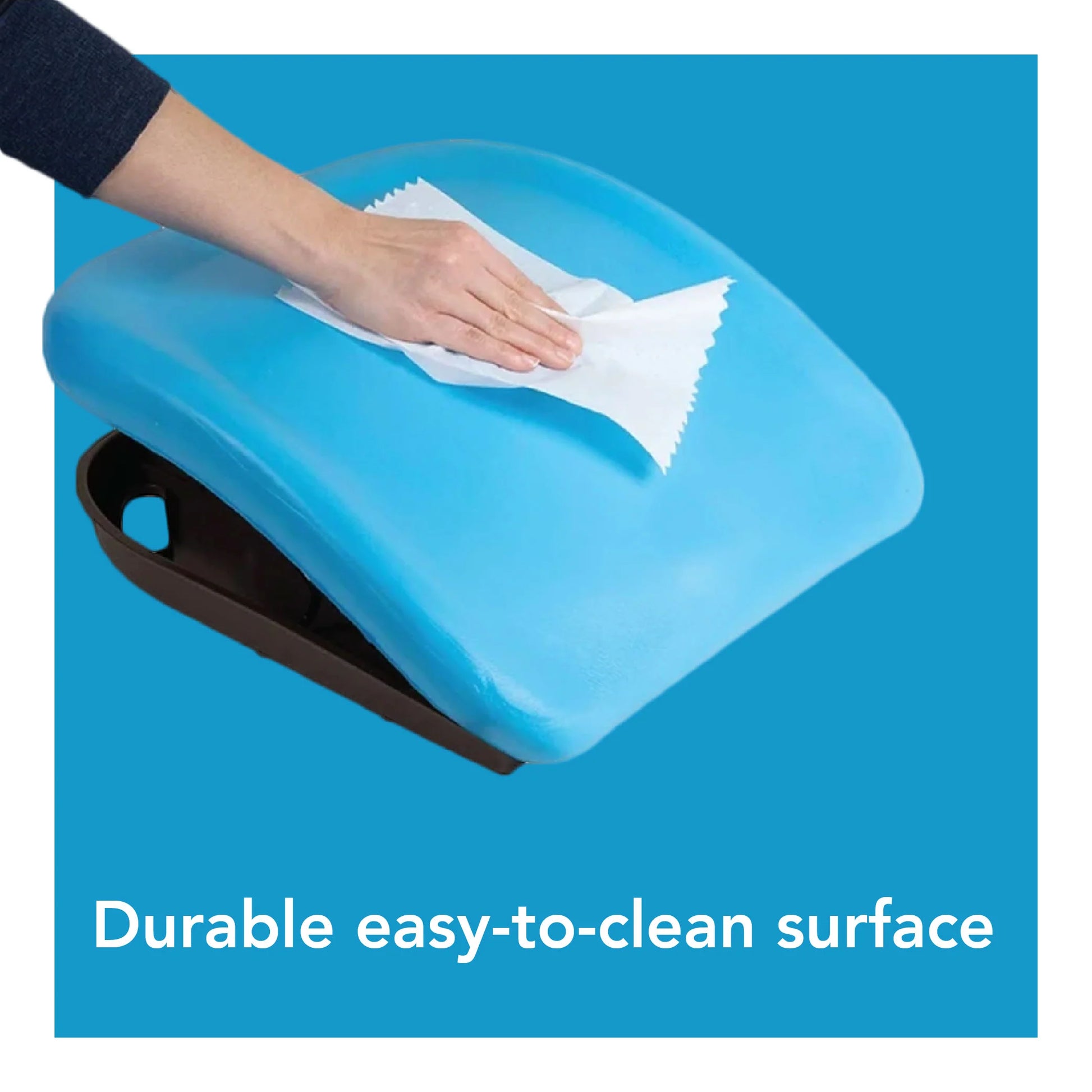 Hand cleaning a blue surface with text 'Durable easy-to-clean surface' on a blue background