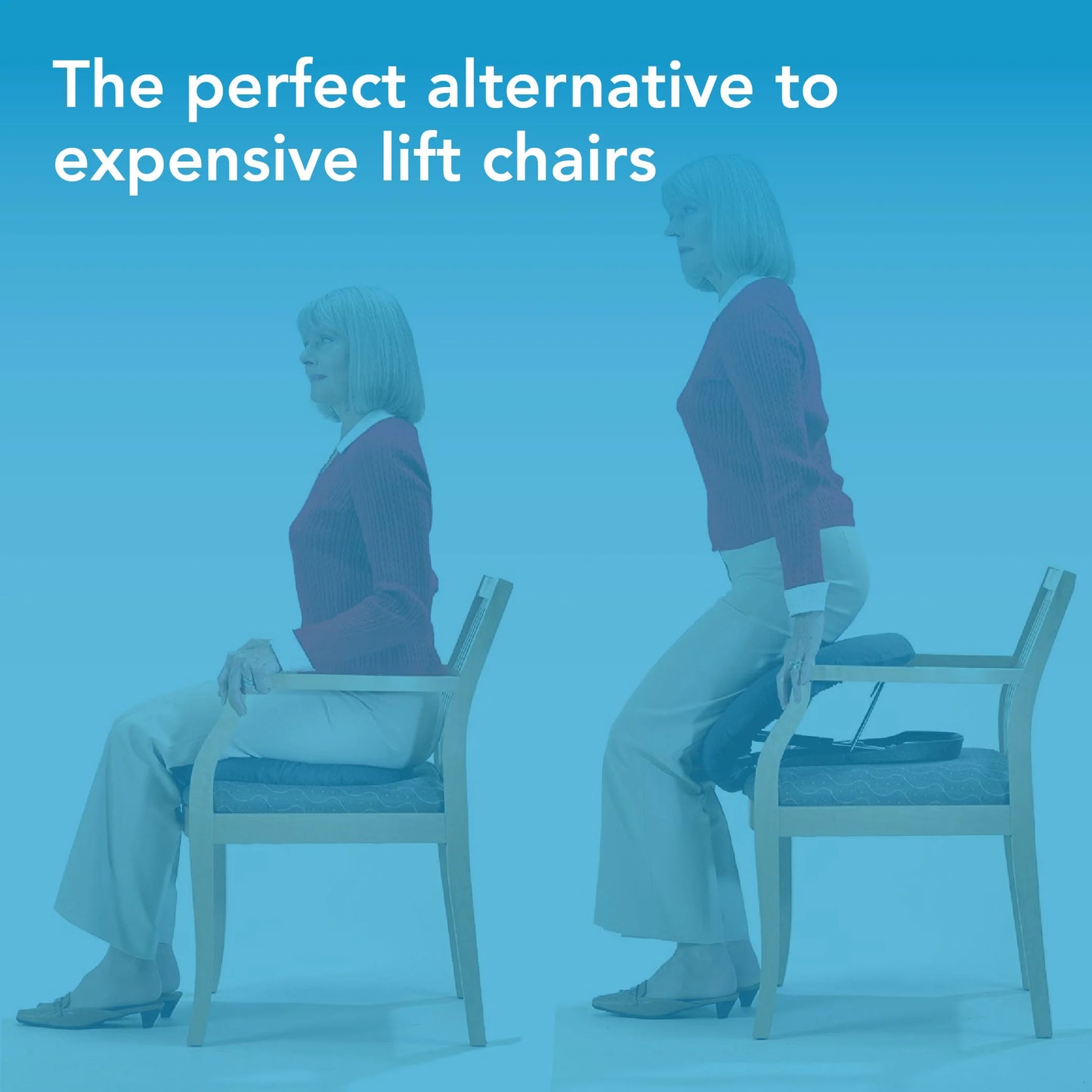 Person using a chair with text 'The perfect alternative to expensive lift chairs' on a blue background
