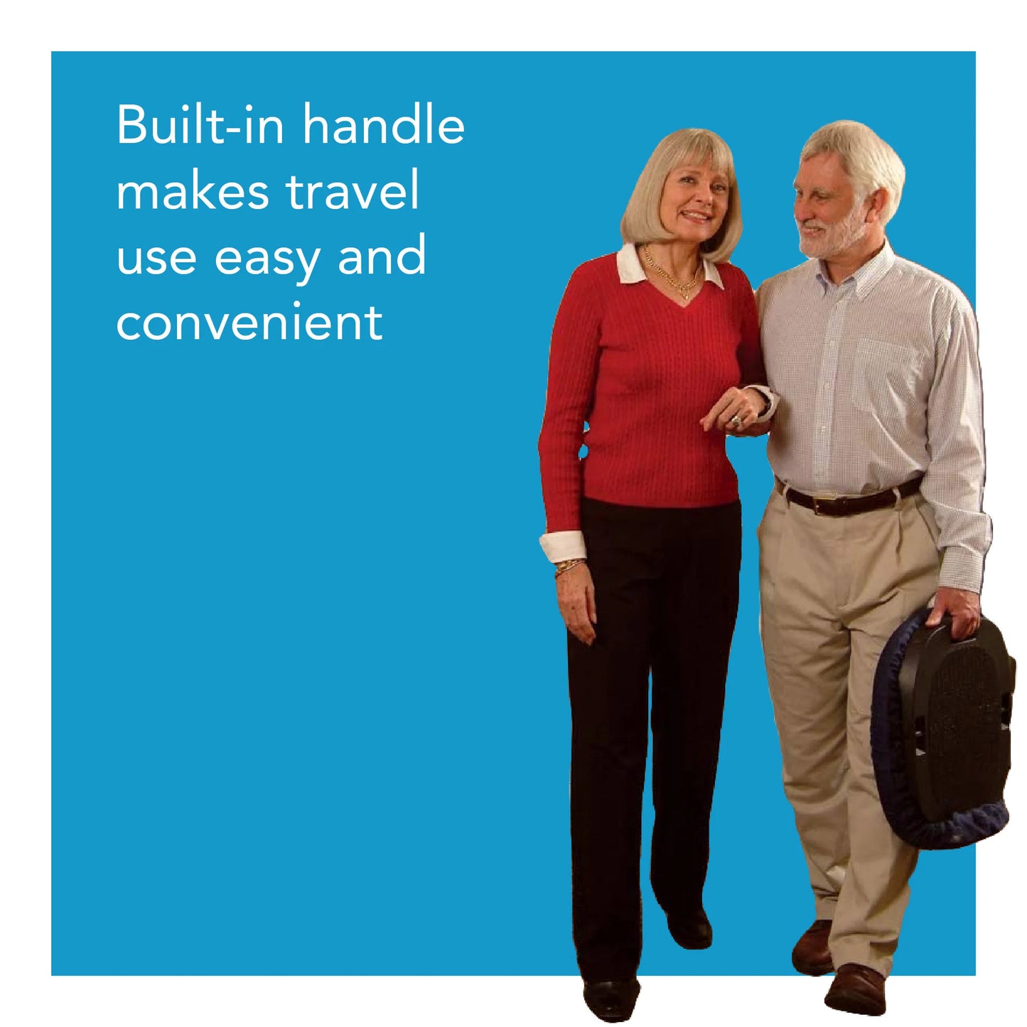 Two people walking with a suitcase against a blue background, text 'Built-in handle makes travel use easy and convenient'.