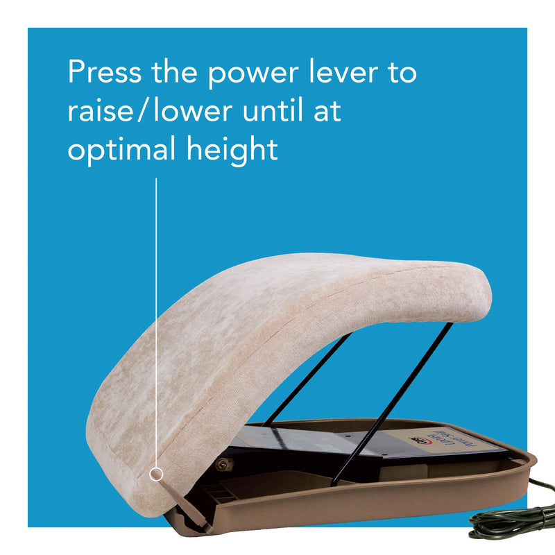 An electric adjustable headrest pillow shown on a blue background with instructional text reading 'Press the power lever to raise/lower until at optimal height.' The headrest is beige with black support rods and a brown base, and a power cord is visible at the lower right.