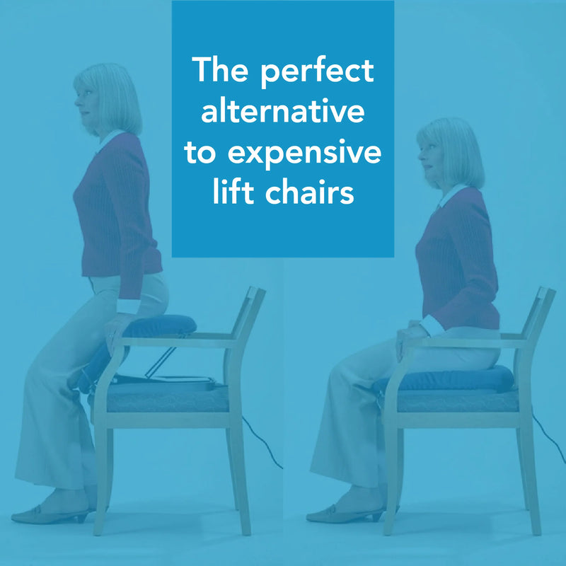 A blue promotional graphic showing a woman seated on a chair in two side-by-side views, with large white text reading 'The perfect alternative to expensive lift chairs' over a solid blue background.