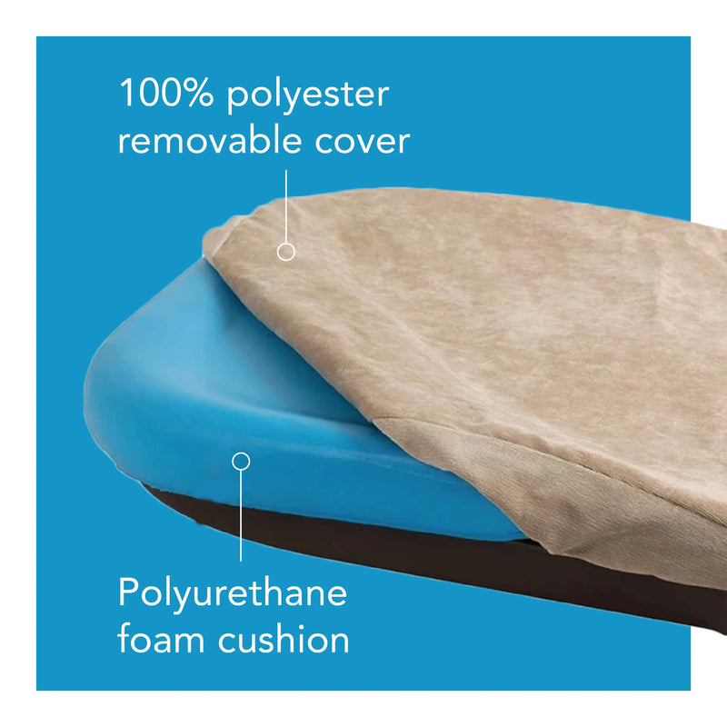 A close-up of a blue and black inflatable cushion with a beige removable cover, shown on a bright blue background with text labels reading '100% polyester removable cover' and 'Polyurethane foam cushion.'.