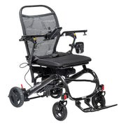 Black and gray mobility scooter with adjustable seat on a white background
