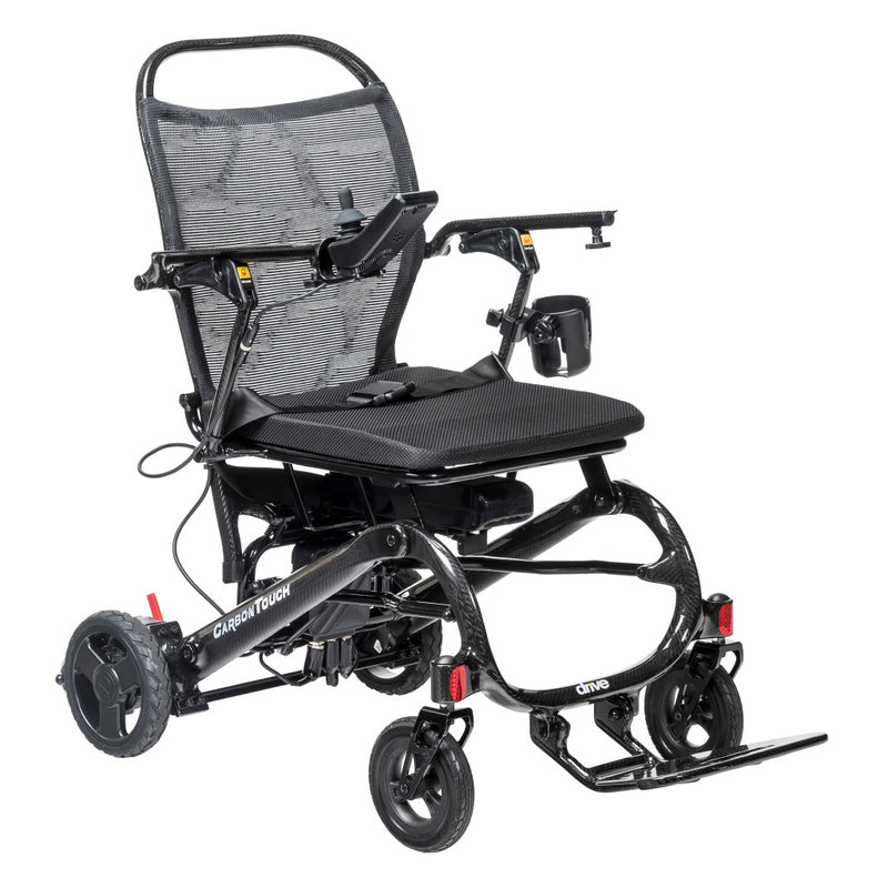 Black and gray mobility scooter with adjustable seat on a white background