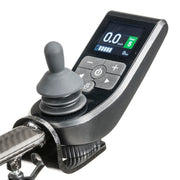 Control panel with joystick and digital display on a white background