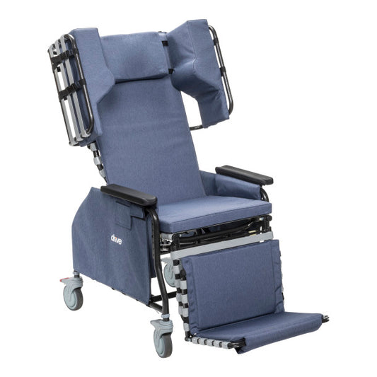 Blue reclining wheelchair with armrests and wheels on a white background