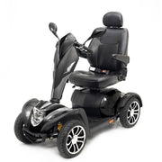 Black three-wheeled mobility scooter on a white background