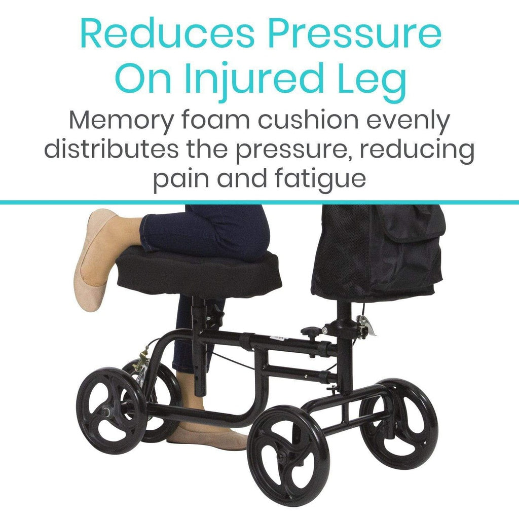 Knee walker with a person using it, highlighting memory foam cushion benefits.