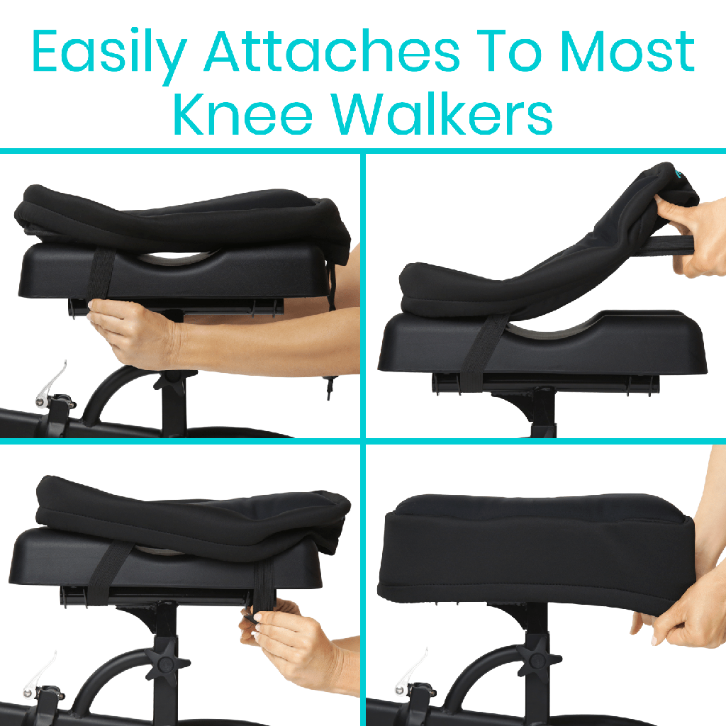 Black knee walker attachment being attached to a walker with text 'Easily Attaches To Most Knee Walkers'.