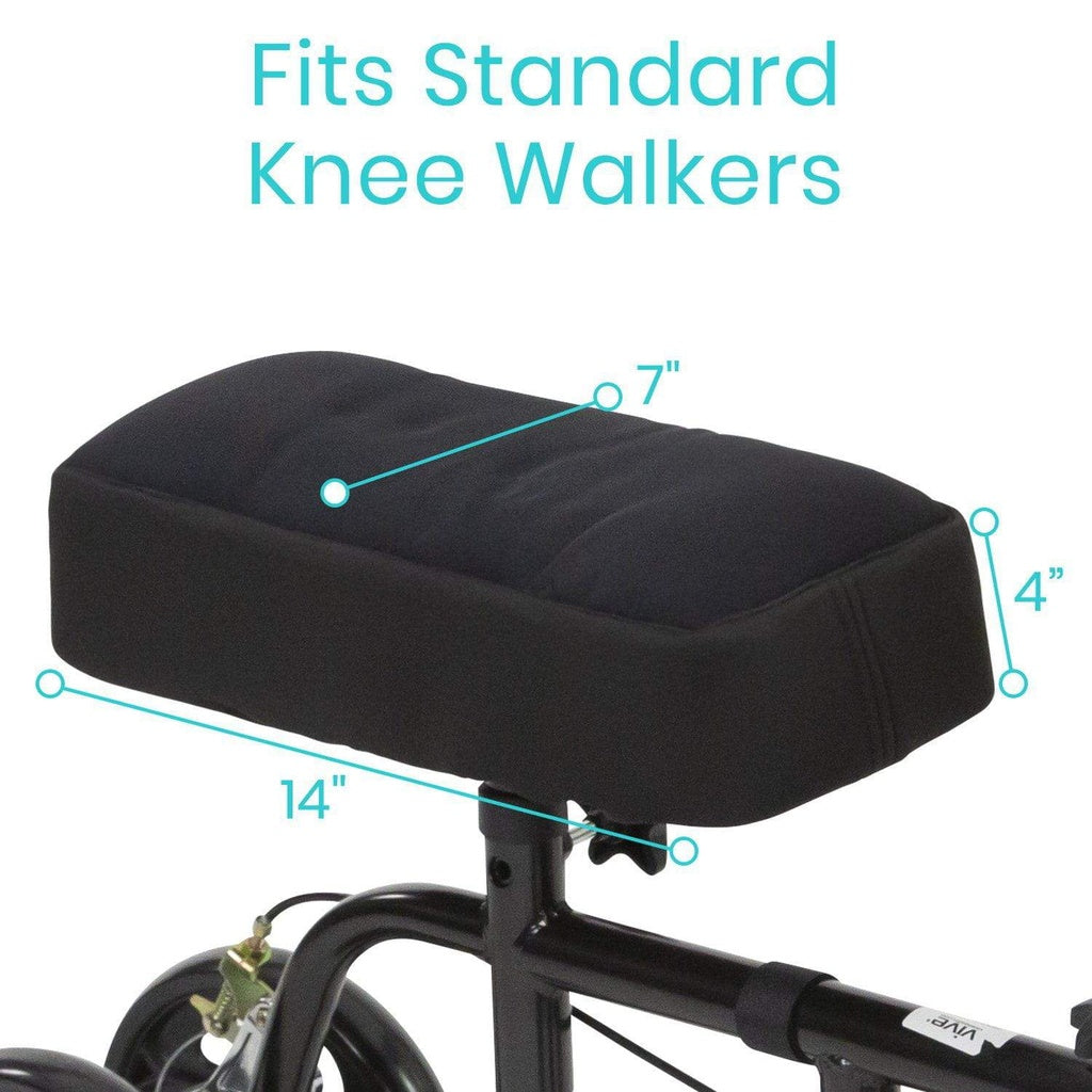 Black cushioned seat on a standard knee walker with measurements indicated.
