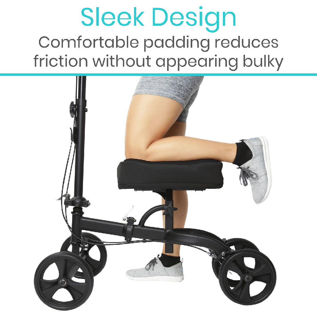 Person using a knee walker with text highlighting its design and comfort features.