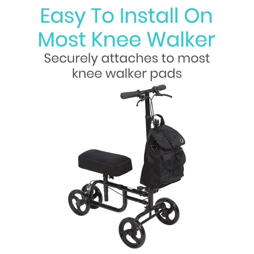 Knee walker with a bag attached, text indicating ease of installation on most knee walkers.