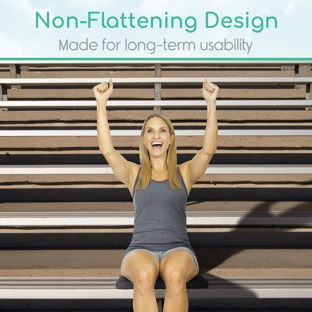 Woman sitting on a wooden bench with text about non-flattening design and long-term usability.