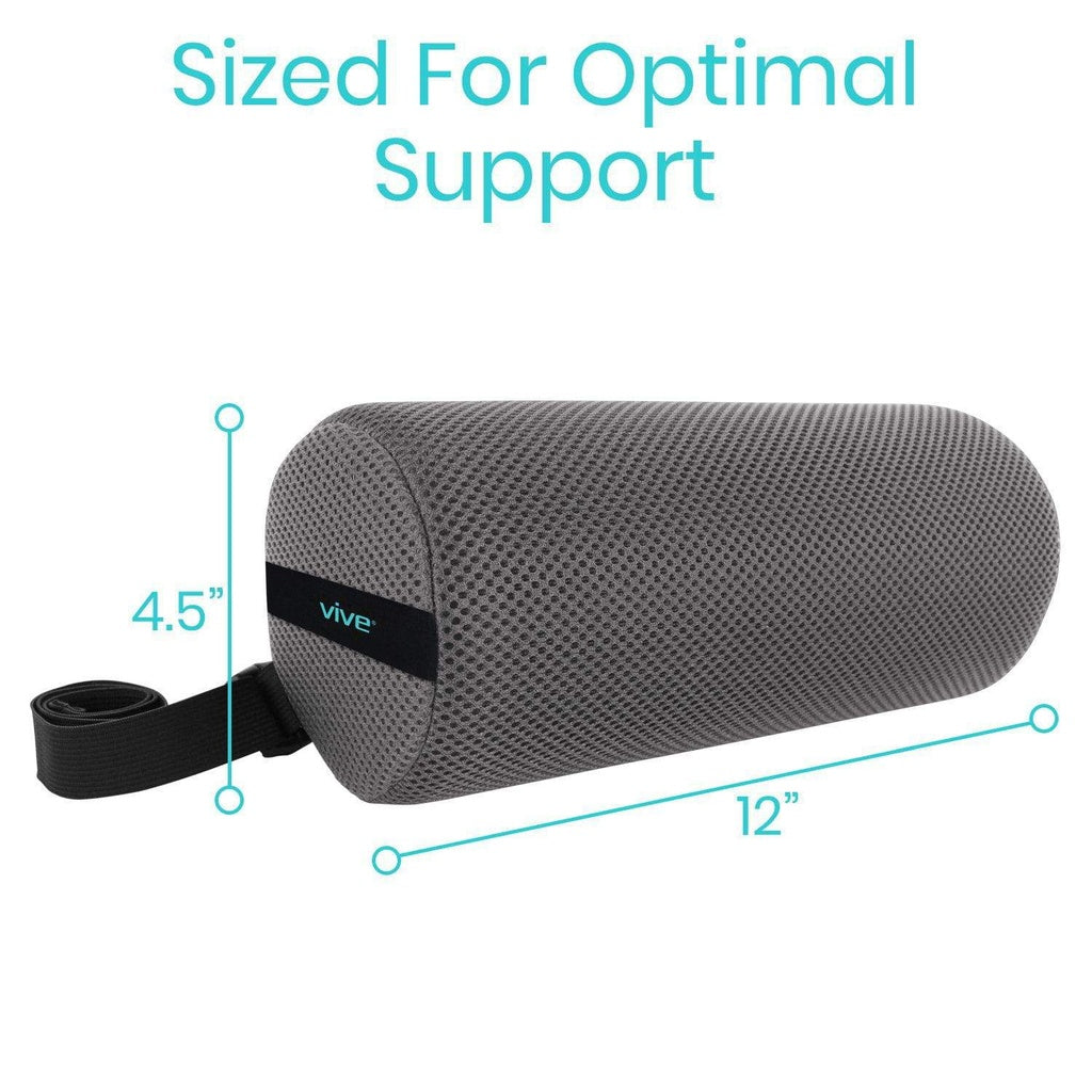Gray foam roller with Vive branding and measurements on a white background