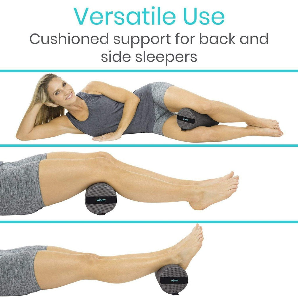 Woman using a cushioned support product for back and side sleepers with text indicating versatile use.