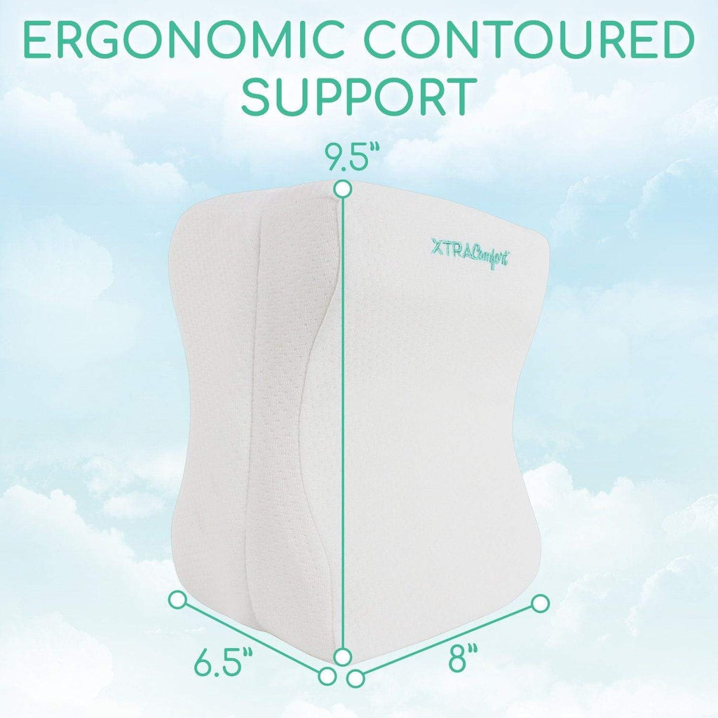 Ergonomic contoured support pillow with measurements on a light blue background