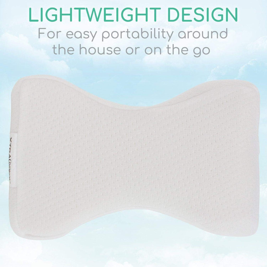 Lightweight pillow with text about portability on a blue gradient background