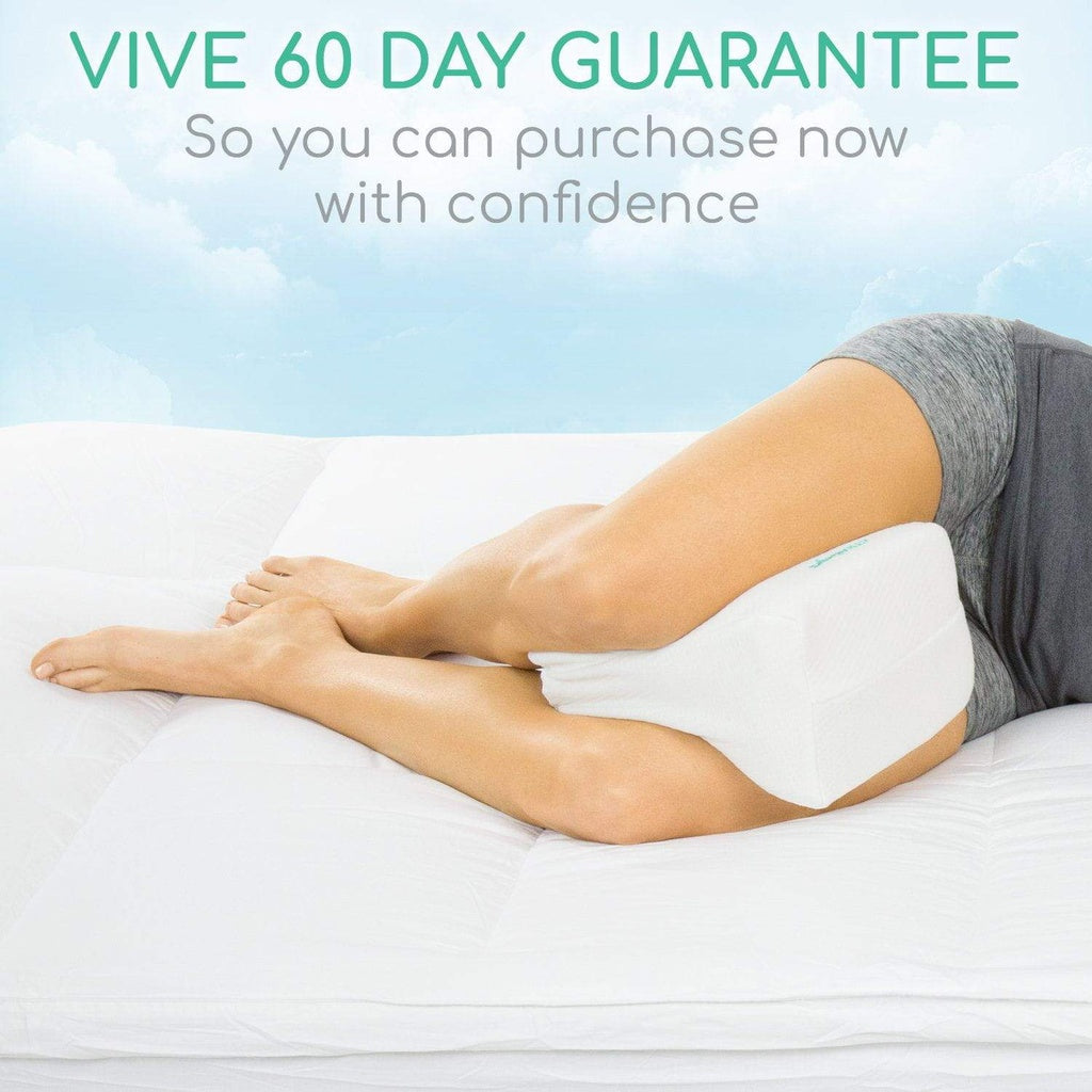 Person lying on a bed with a white pillow, promotional text for 'Vive' product with 60-day guarantee.