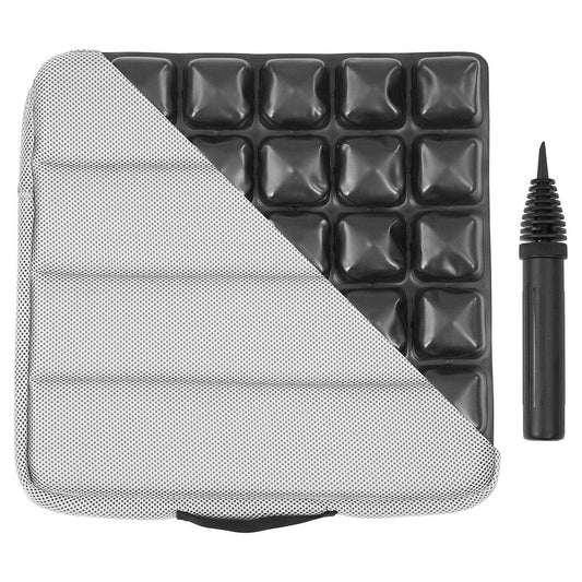 Black ice cube tray with gray mesh cover and black pump on a white background