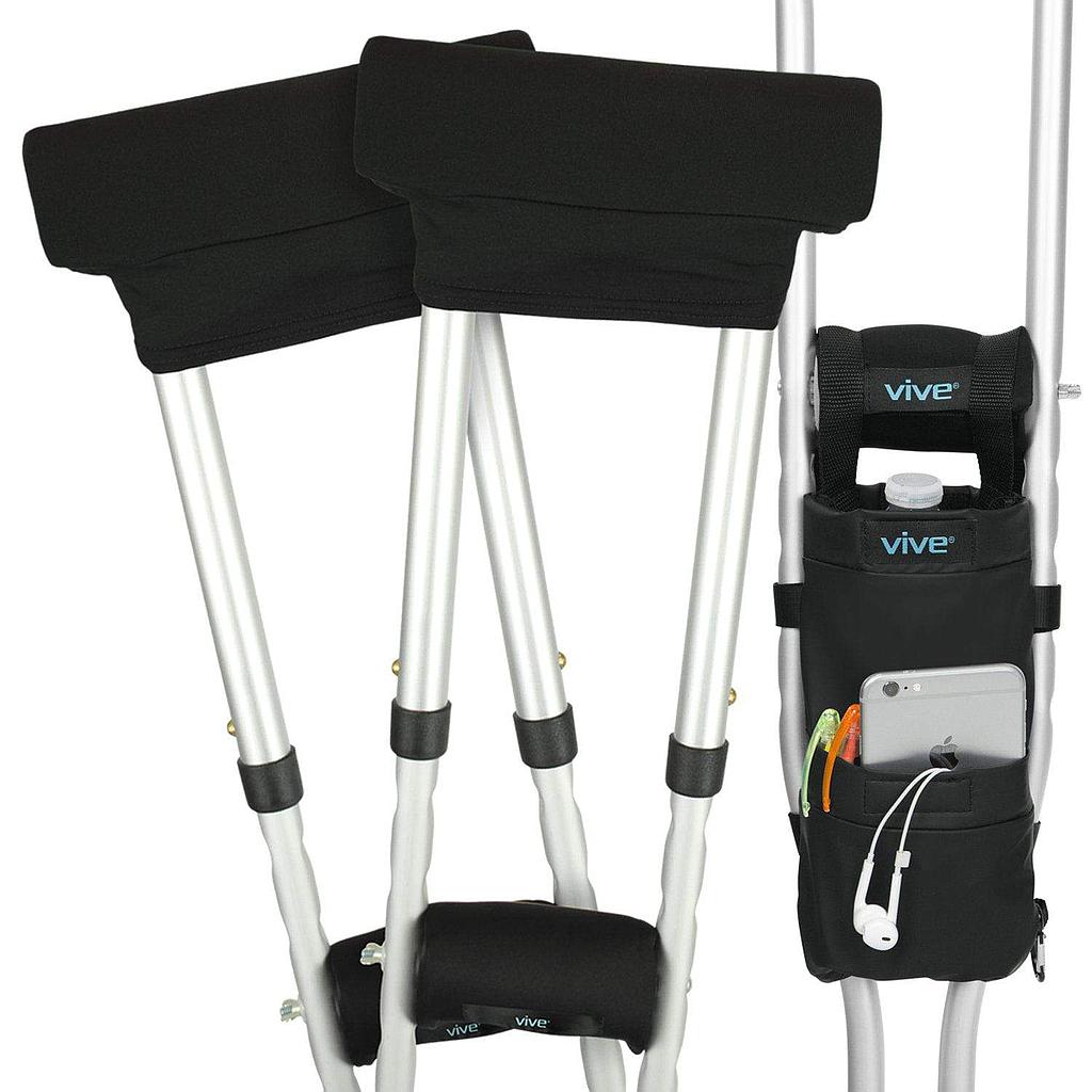 Crutches with black arm pads and a Vive crutch bag on a white background