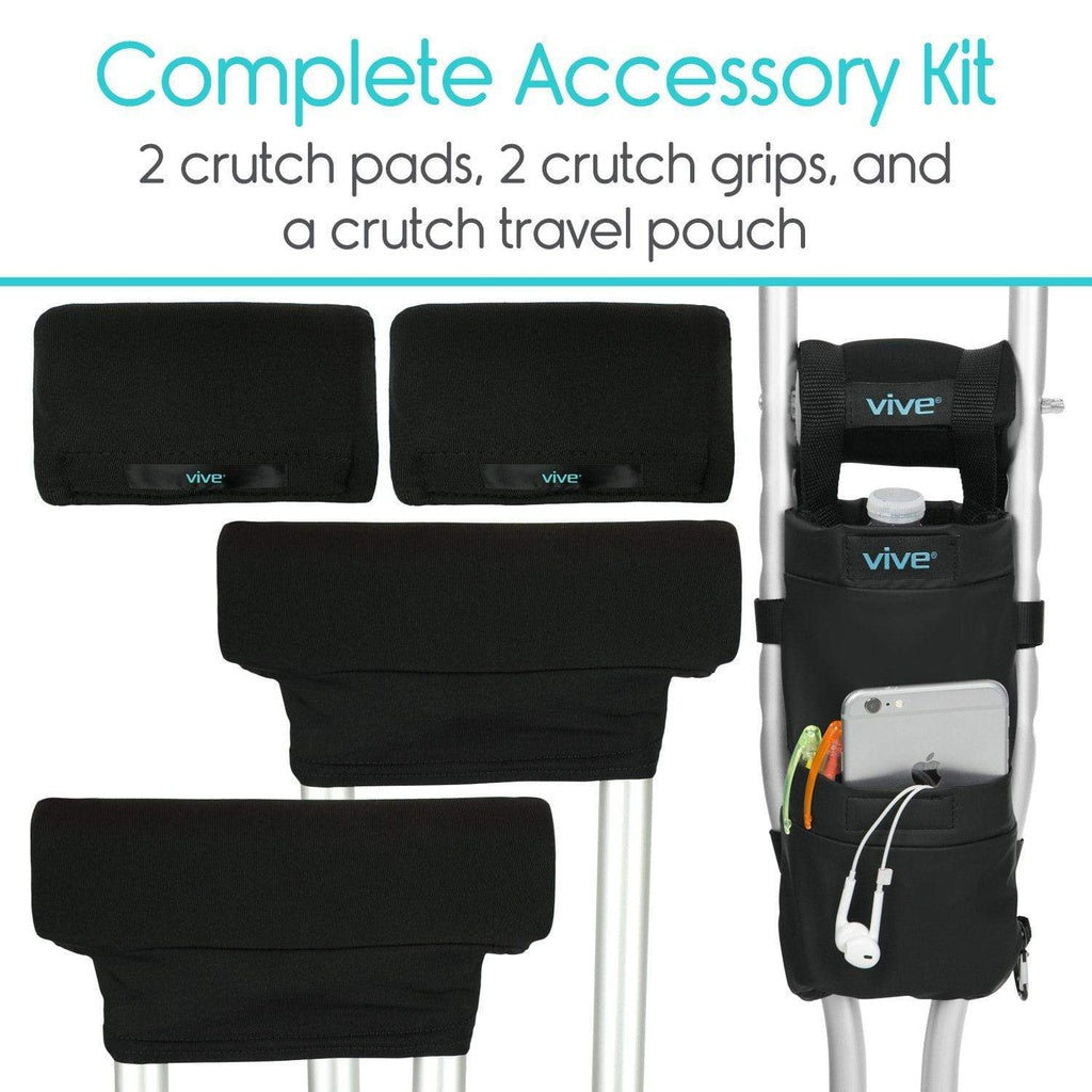 Vive crutch accessory kit with pads, grips, and travel pouch on a white background