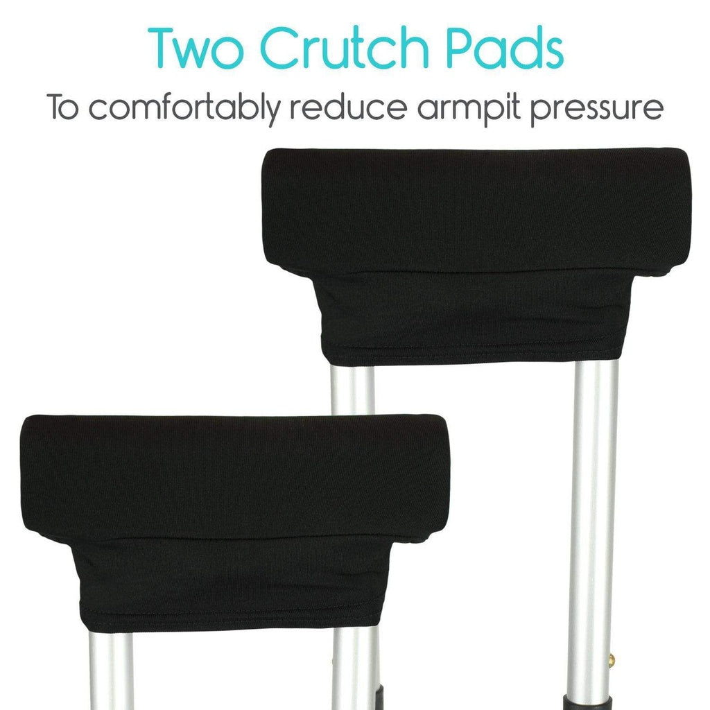 Two black crutch pads on a white background with text about reducing armpit pressure.