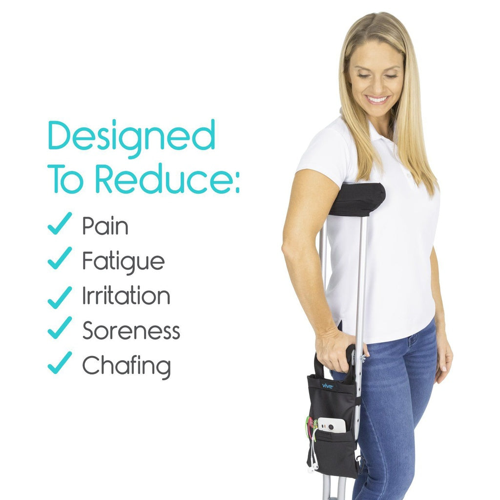 Woman using crutches with a product designed to reduce pain, fatigue, irritation, soreness, and chafing.