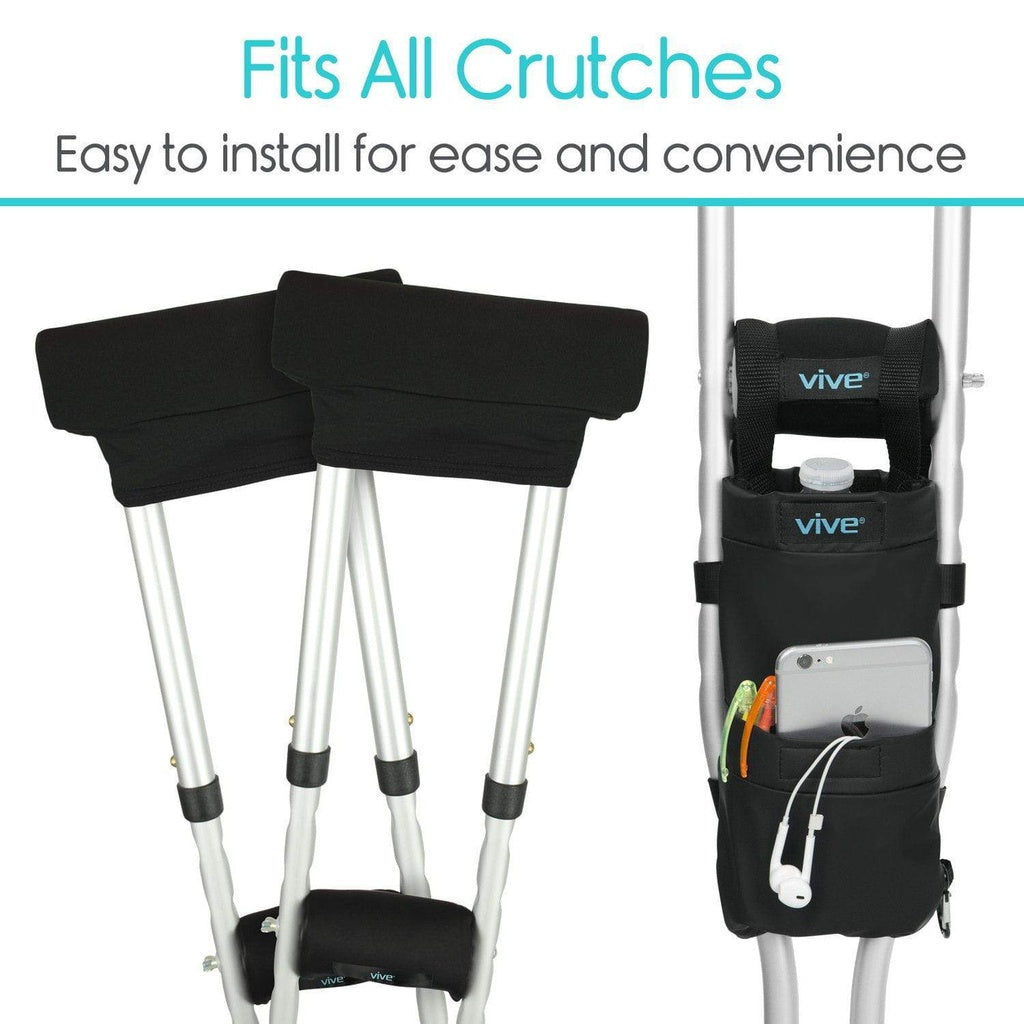 Crutch accessory with storage pockets and phone holder, branded 'Vive'.