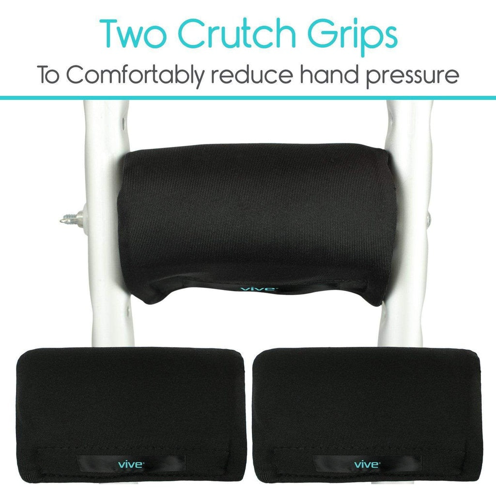 Black crutch grips on a white background with text about reducing hand pressure.