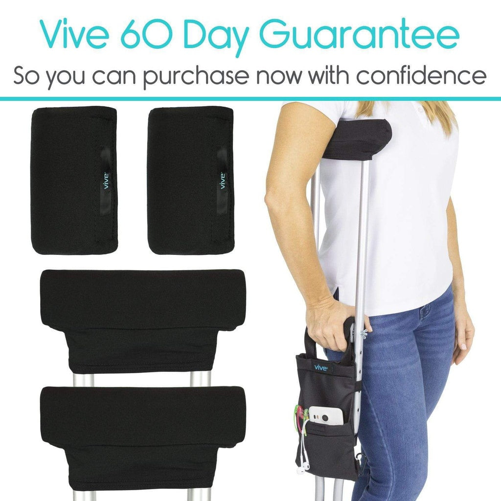 Black Vive seat covers on a chair with a person holding a suitcase, featuring a 60-day guarantee.