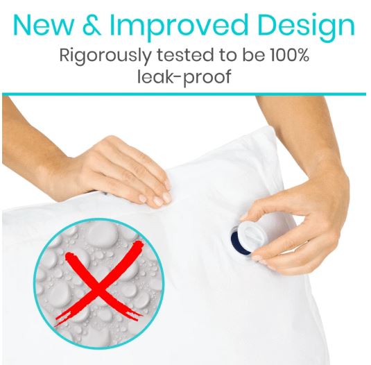 Product packaging with hands holding a container and text about a new design being 100% leak-proof.