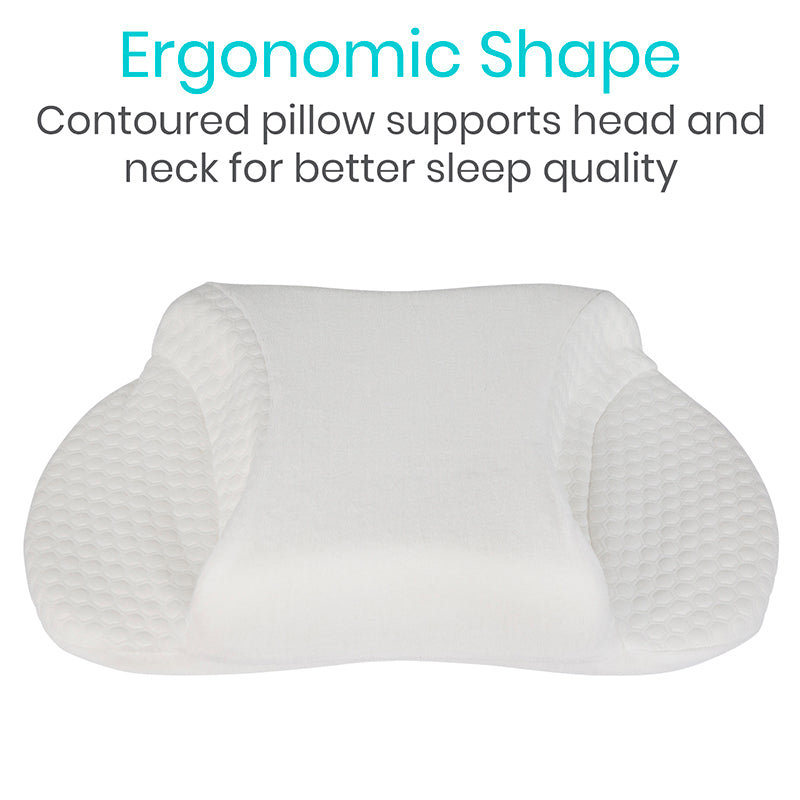 Ergonomic shape pillow with text on a white background