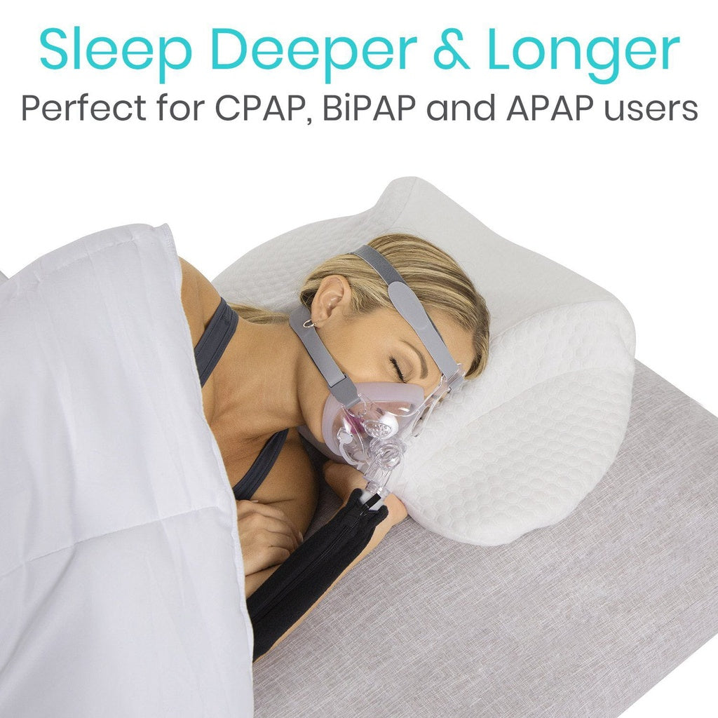 Person sleeping with a CPAP mask on a pillow, with text promoting sleep improvement for CPAP users.