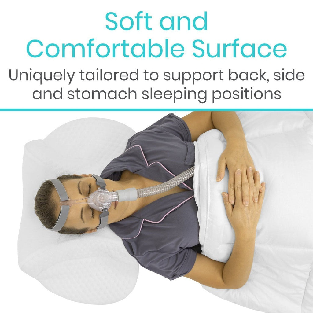 Person using a sleep apnea device with text about a soft and comfortable surface