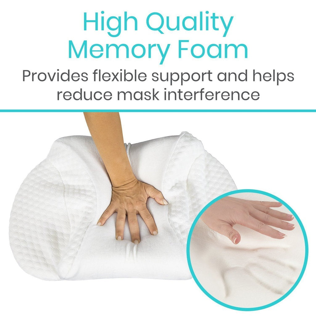 Hand pressing into a white memory foam pillow with text highlighting its quality and benefits.