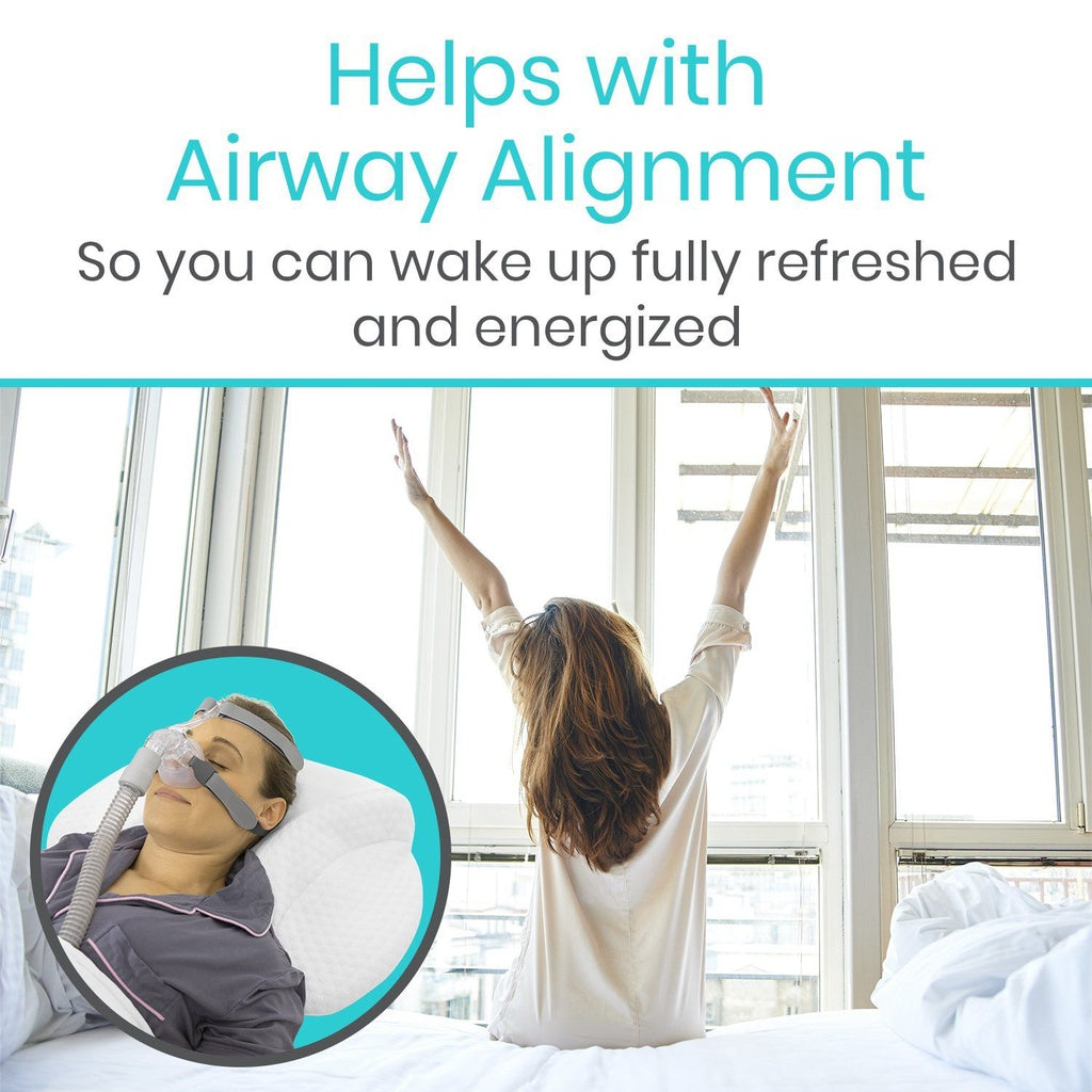 Woman waking up refreshed with a sleep aid device, text about airway alignment.