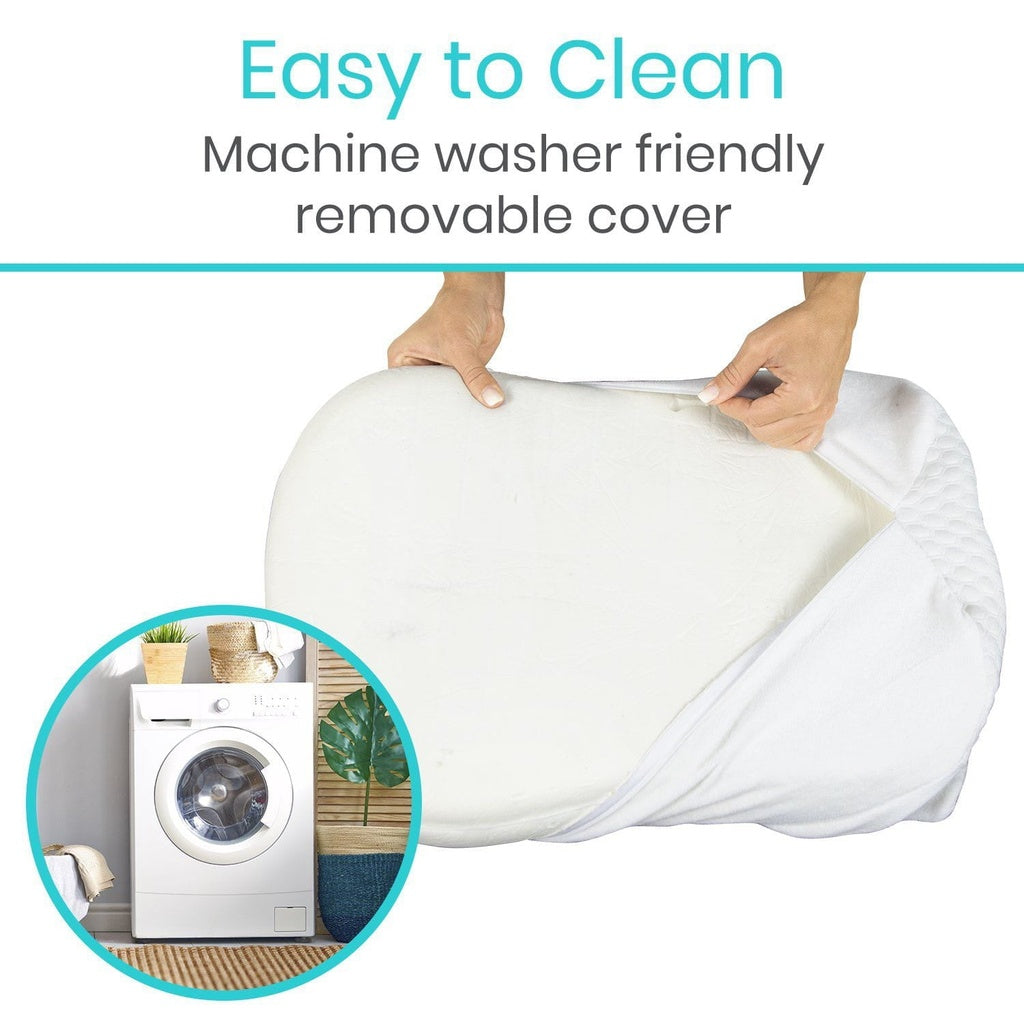 White cover being held with text 'Easy to Clean Machine washer friendly removable cover' and a small inset showing a washing machine.