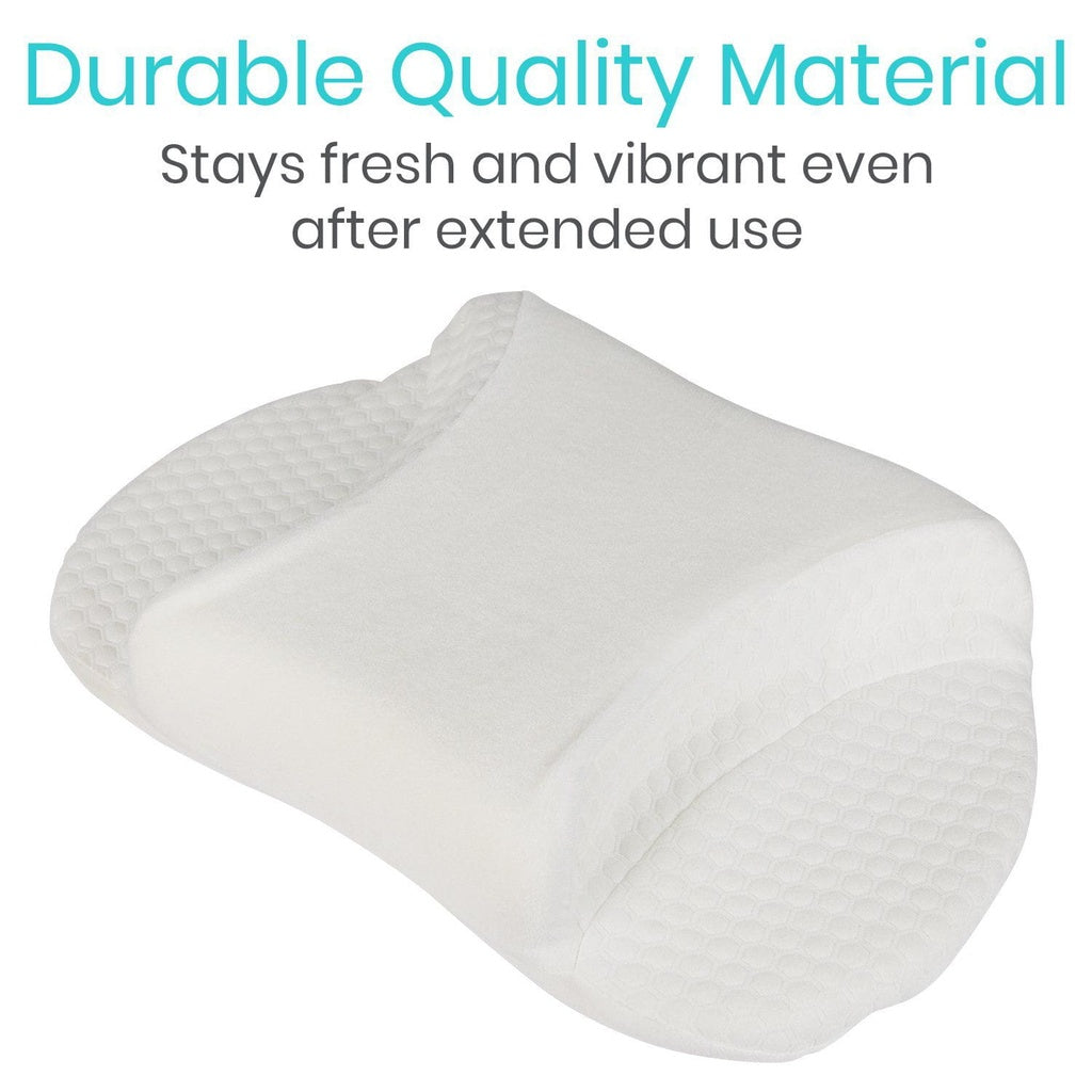 White pillow with text about durable quality material on a white background
