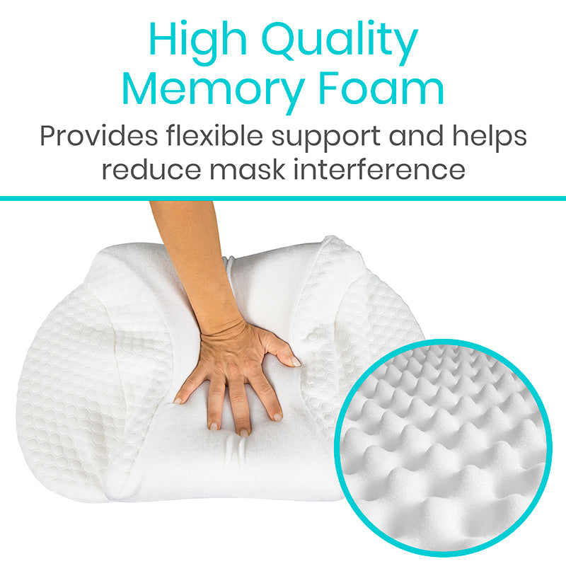 Memory foam pillow with hand pressing down, highlighting texture and support.